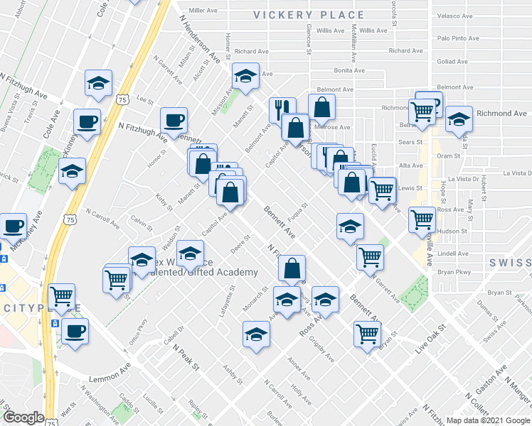 map of restaurants, bars, coffee shops, grocery stores, and more near 4977 Zuma Court in Dallas