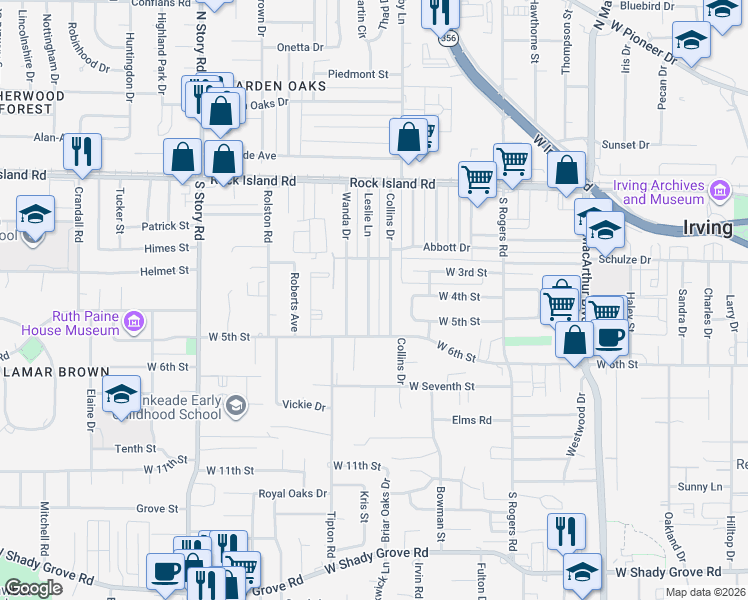 map of restaurants, bars, coffee shops, grocery stores, and more near 406 Leslie Lane in Irving