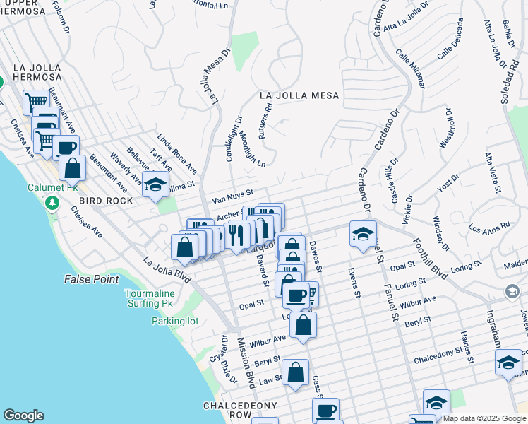 map of restaurants, bars, coffee shops, grocery stores, and more near 975 Archer Street in San Diego