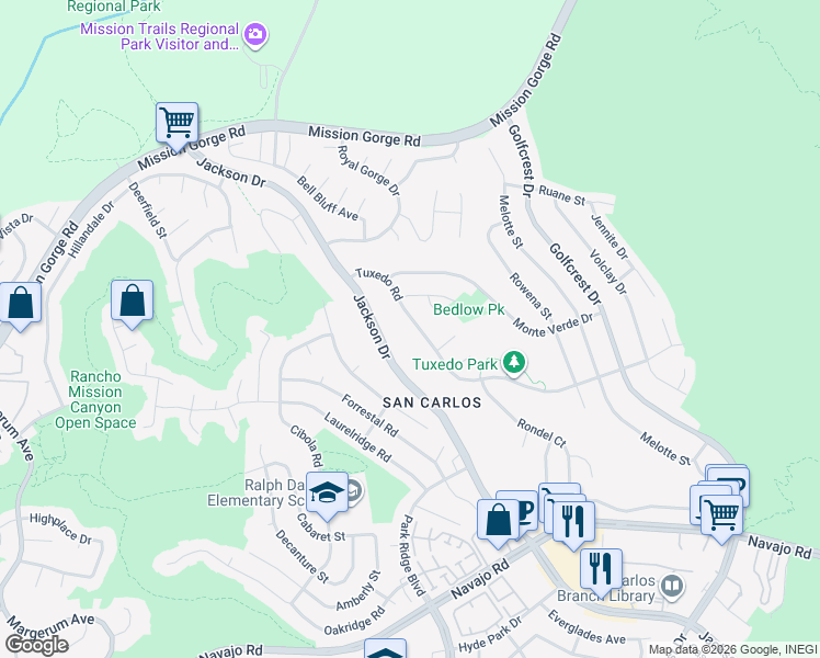 map of restaurants, bars, coffee shops, grocery stores, and more near 6747 Tuxedo Road in San Diego