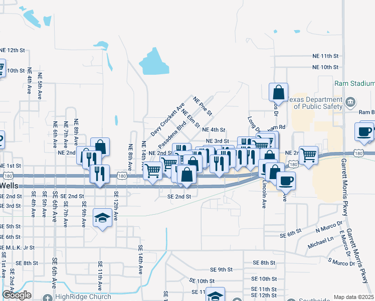 map of restaurants, bars, coffee shops, grocery stores, and more near 303 Sam Houston Avenue in Mineral Wells