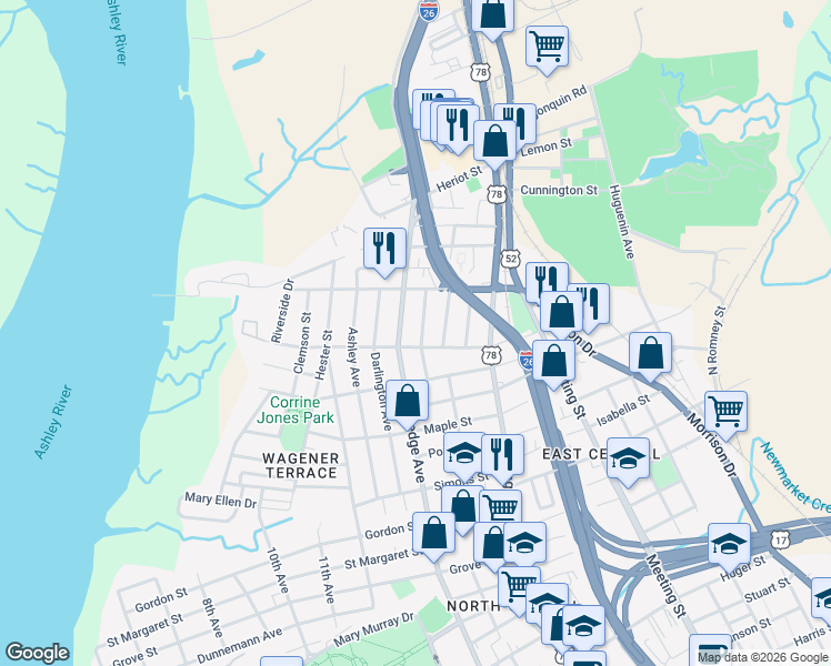 map of restaurants, bars, coffee shops, grocery stores, and more near 85 Magnolia Avenue in Charleston