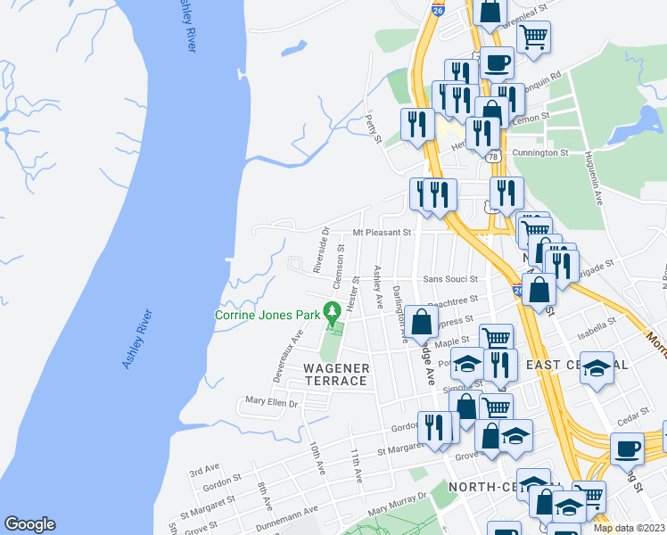 map of restaurants, bars, coffee shops, grocery stores, and more near 47 Clemson Street in Charleston
