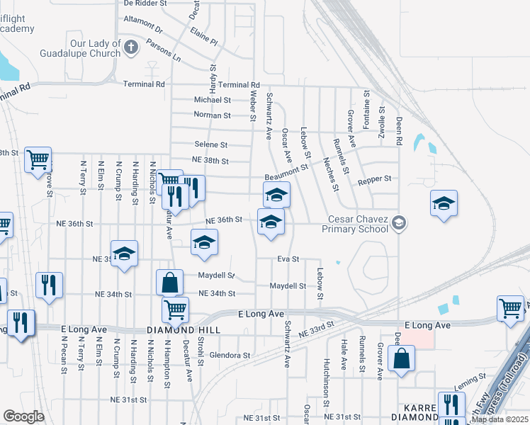 map of restaurants, bars, coffee shops, grocery stores, and more near 1809 Northeast 36th Street in Fort Worth