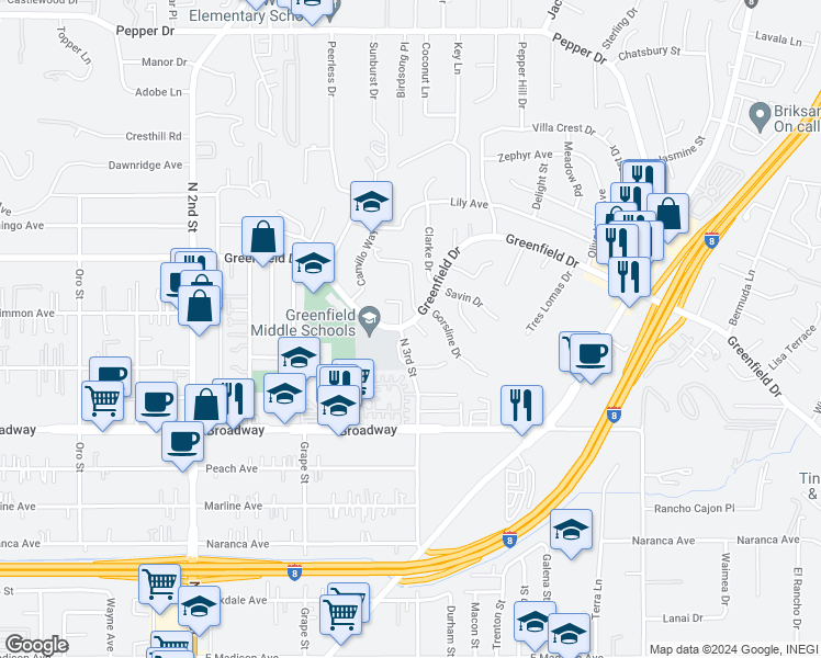 map of restaurants, bars, coffee shops, grocery stores, and more near 1507 Greenfield Drive in El Cajon