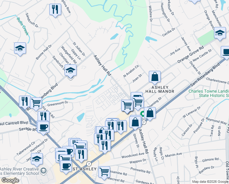 map of restaurants, bars, coffee shops, grocery stores, and more near 1735 Ashley Hall Road in Charleston