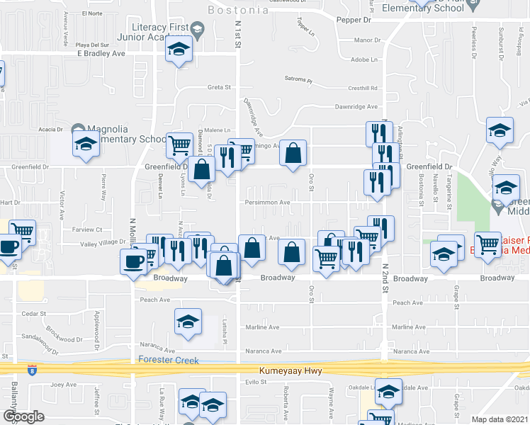 map of restaurants, bars, coffee shops, grocery stores, and more near 1133 Persimmon Avenue in El Cajon