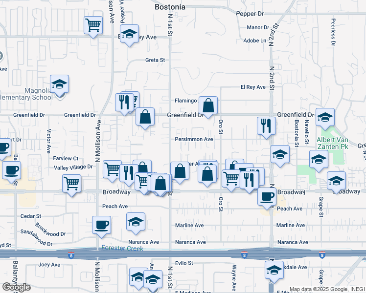 map of restaurants, bars, coffee shops, grocery stores, and more near 1133 Persimmon Avenue in El Cajon