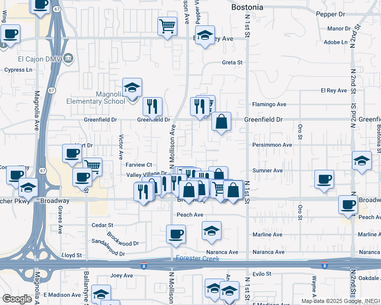 map of restaurants, bars, coffee shops, grocery stores, and more near 1148b Denver Lane in El Cajon