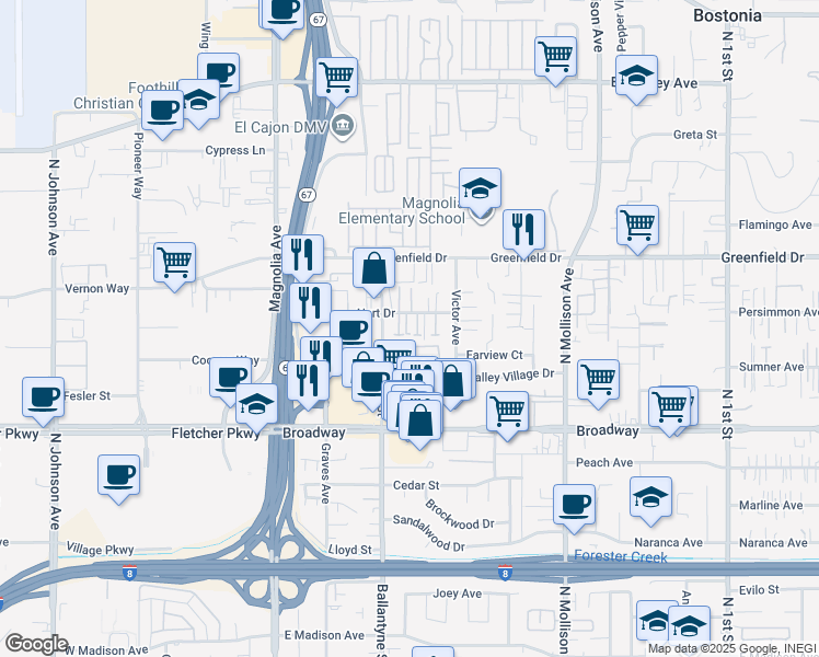 map of restaurants, bars, coffee shops, grocery stores, and more near 529 Hart Drive in El Cajon