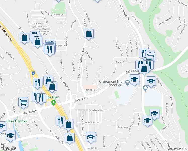 map of restaurants, bars, coffee shops, grocery stores, and more near 3945 Kenosha Avenue in San Diego