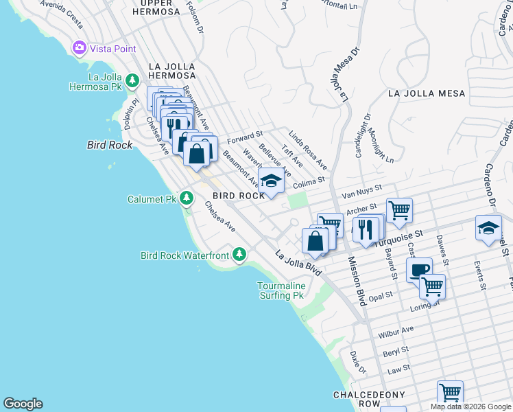 map of restaurants, bars, coffee shops, grocery stores, and more near 5373 La Jolla Boulevard in San Diego