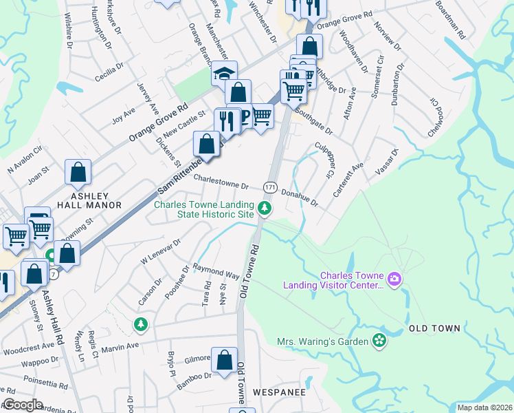 map of restaurants, bars, coffee shops, grocery stores, and more near 1580 Ingram Road in Charleston