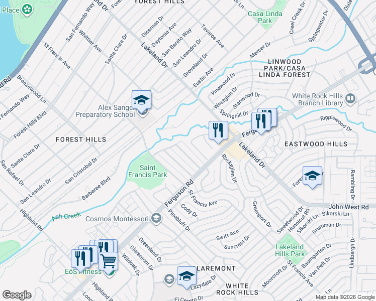 map of restaurants, bars, coffee shops, grocery stores, and more near 2222 Ash Grove Way in Dallas