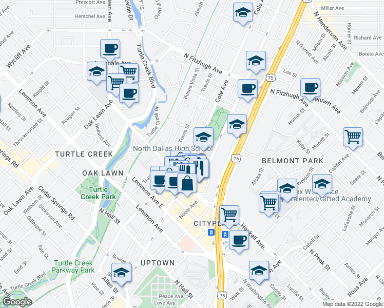 map of restaurants, bars, coffee shops, grocery stores, and more near 3905 Cole Avenue in Dallas