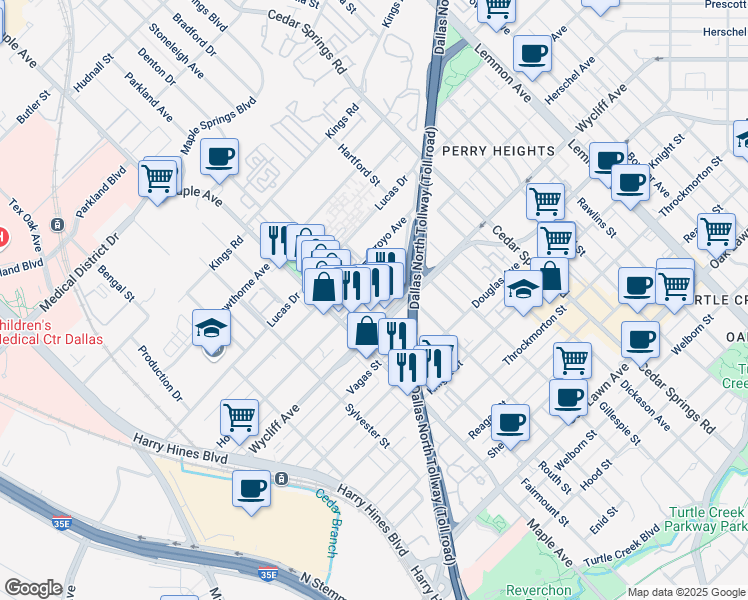 map of restaurants, bars, coffee shops, grocery stores, and more near 2525 Wycliff Avenue in Dallas