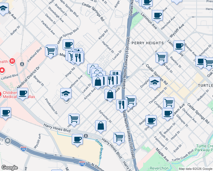 map of restaurants, bars, coffee shops, grocery stores, and more near 2523 Hondo Avenue in Dallas