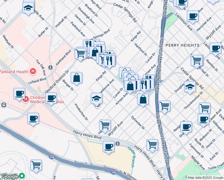 map of restaurants, bars, coffee shops, grocery stores, and more near 4536 Sylvester Street in Dallas