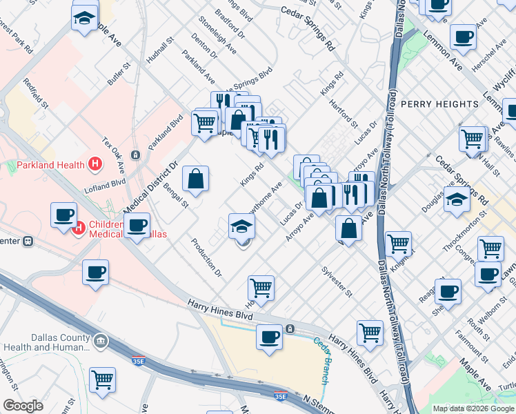 map of restaurants, bars, coffee shops, grocery stores, and more near 4536 Sylvester Street in Dallas