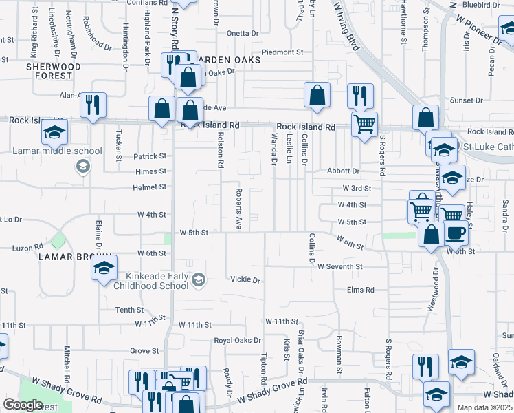 map of restaurants, bars, coffee shops, grocery stores, and more near 402 Roberts Avenue in Irving