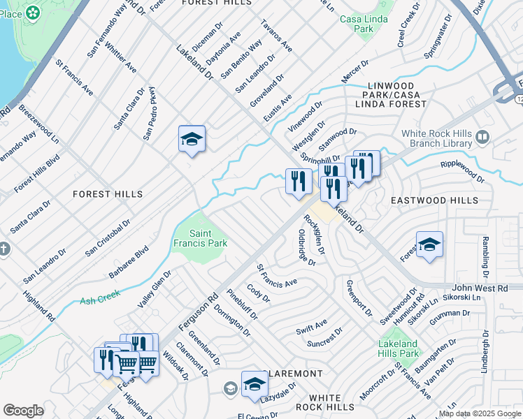 map of restaurants, bars, coffee shops, grocery stores, and more near Creekwood Dr in Dallas