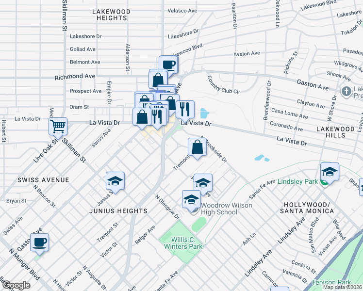 map of restaurants, bars, coffee shops, grocery stores, and more near 6299 Worth Street in Dallas