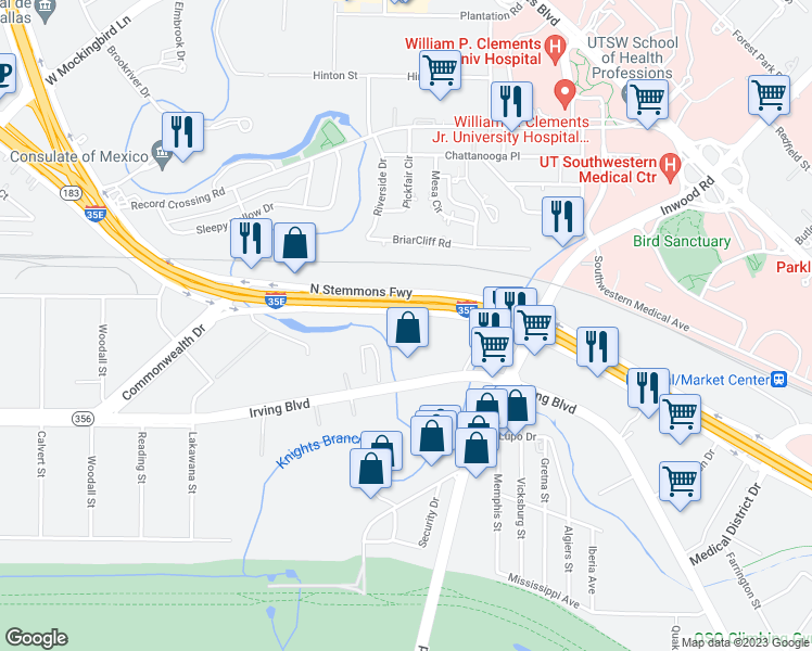 map of restaurants, bars, coffee shops, grocery stores, and more near 2979 North Stemmons Freeway in Dallas