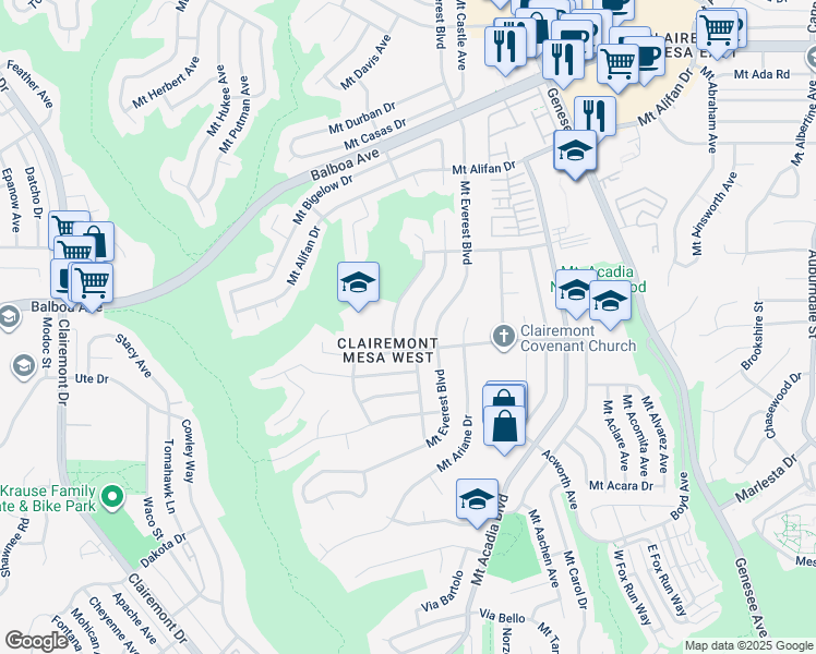 map of restaurants, bars, coffee shops, grocery stores, and more near 3838 Mount Blackburn Avenue in San Diego