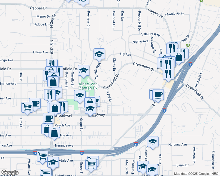 map of restaurants, bars, coffee shops, grocery stores, and more near 1507 Greenfield Drive in El Cajon