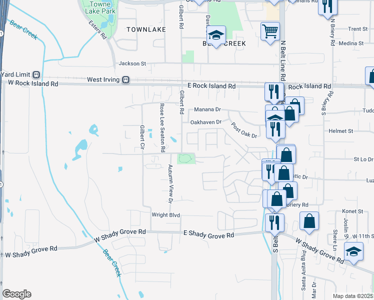 map of restaurants, bars, coffee shops, grocery stores, and more near 3502 Gilbert Road in Grand Prairie