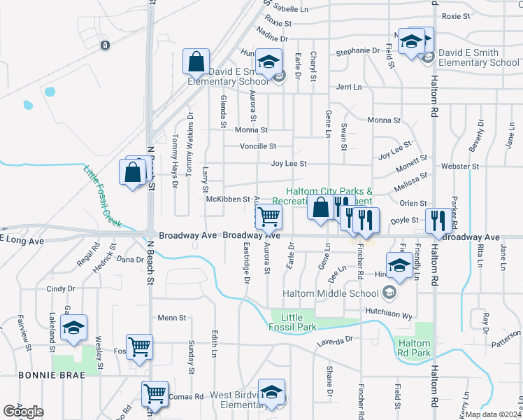 map of restaurants, bars, coffee shops, grocery stores, and more near 3316 Aurora Street in Haltom City