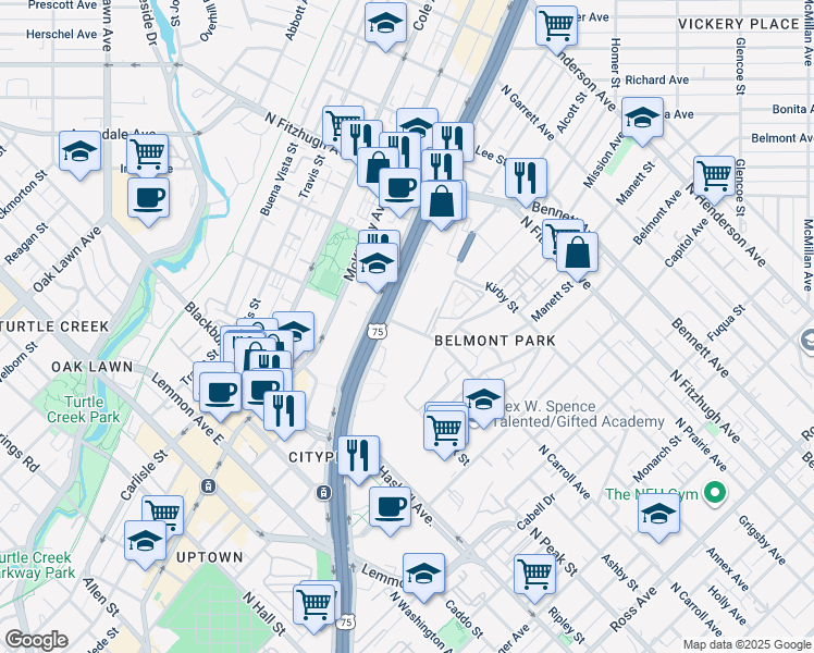 map of restaurants, bars, coffee shops, grocery stores, and more near 2918 North Carroll Avenue in Dallas