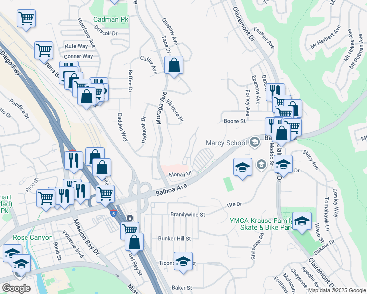 map of restaurants, bars, coffee shops, grocery stores, and more near 3945 Kenosha Avenue in San Diego