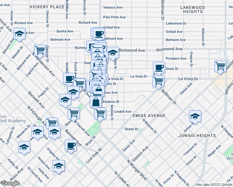 map of restaurants, bars, coffee shops, grocery stores, and more near 5714 Ross Avenue in Dallas