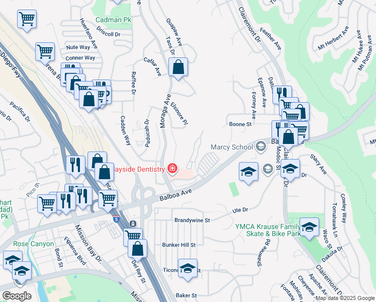 map of restaurants, bars, coffee shops, grocery stores, and more near 3945 Kenosha Avenue in San Diego