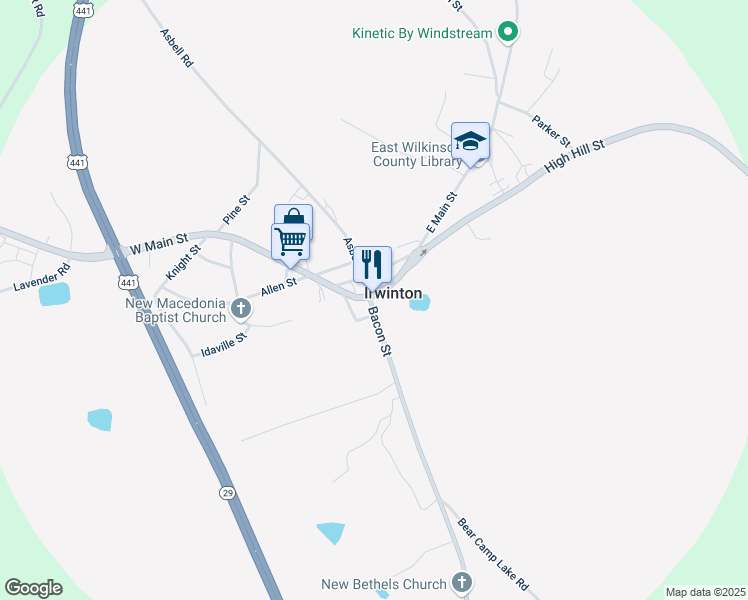 map of restaurants, bars, coffee shops, grocery stores, and more near 100 E Main St in Irwinton