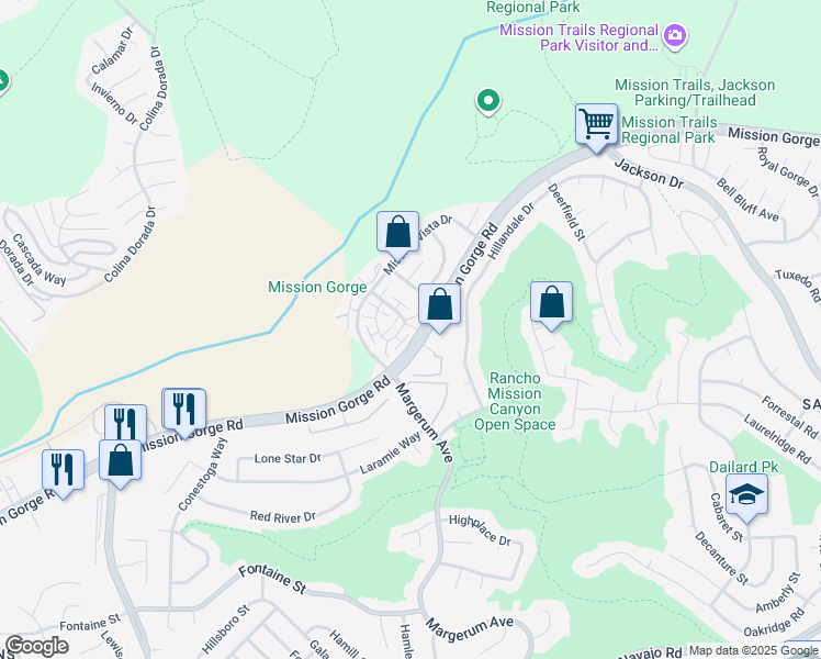 map of restaurants, bars, coffee shops, grocery stores, and more near 3580 Mission Mesa Way in San Diego
