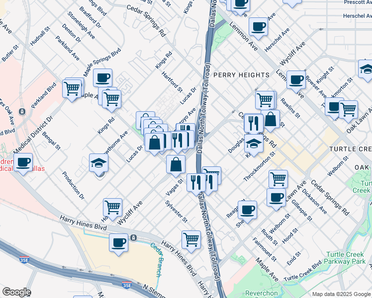 map of restaurants, bars, coffee shops, grocery stores, and more near 2525 Wycliff Avenue in Dallas