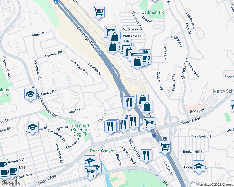 map of restaurants, bars, coffee shops, grocery stores, and more near 4887 Bella Pacific Row in San Diego