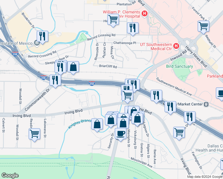 map of restaurants, bars, coffee shops, grocery stores, and more near 2949 North Stemmons Freeway in Dallas