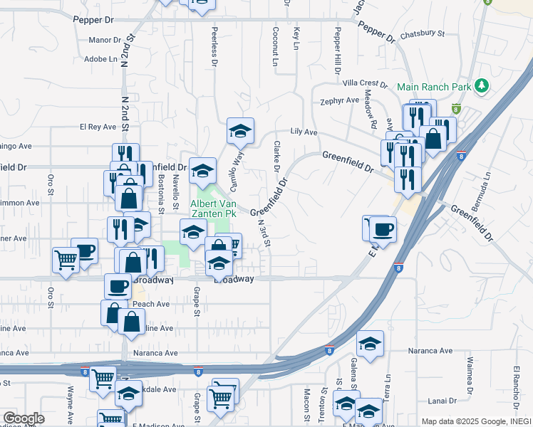 map of restaurants, bars, coffee shops, grocery stores, and more near 1507 Greenfield Drive in El Cajon