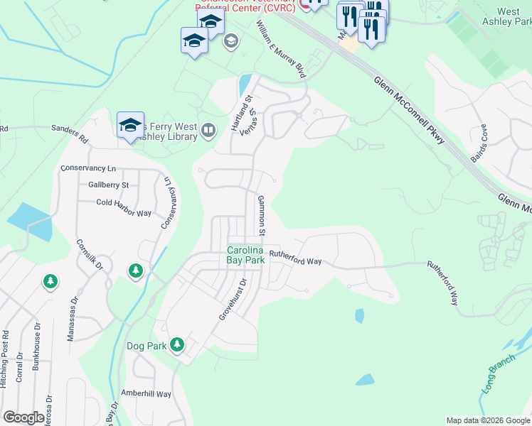 map of restaurants, bars, coffee shops, grocery stores, and more near 1952 Gammon Street in Charleston