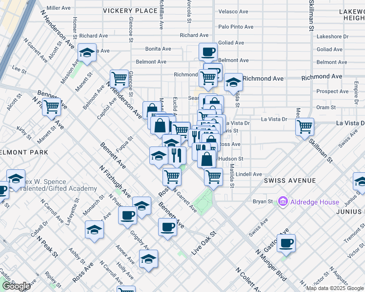 map of restaurants, bars, coffee shops, grocery stores, and more near 1800 North Henderson Avenue in Dallas