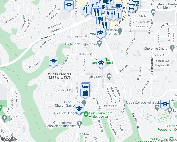 map of restaurants, bars, coffee shops, grocery stores, and more near 3822 Cameo Lane in San Diego