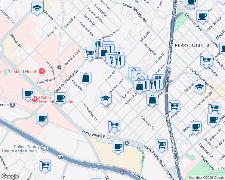 map of restaurants, bars, coffee shops, grocery stores, and more near 4536 Sylvester Street in Dallas