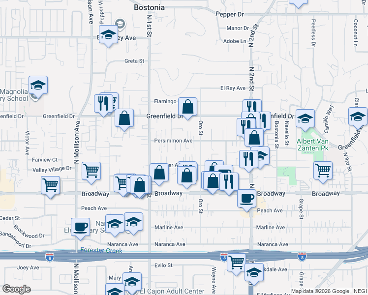 map of restaurants, bars, coffee shops, grocery stores, and more near 1171 Persimmon Avenue in El Cajon