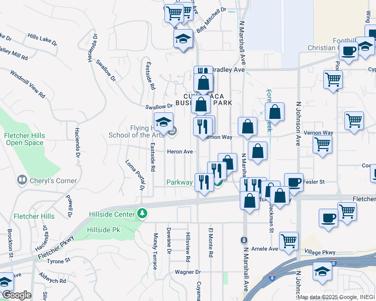 map of restaurants, bars, coffee shops, grocery stores, and more near 1343 Heron Avenue in El Cajon