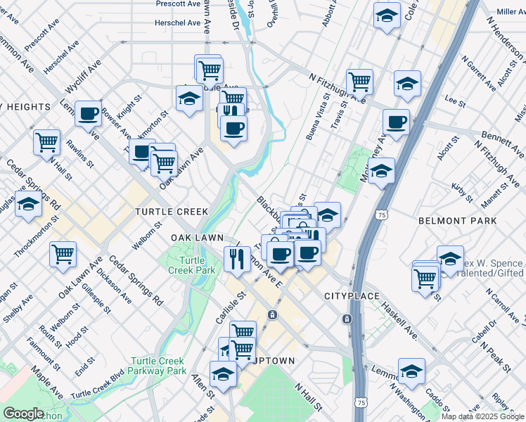map of restaurants, bars, coffee shops, grocery stores, and more near 3377 Blackburn Street in Dallas