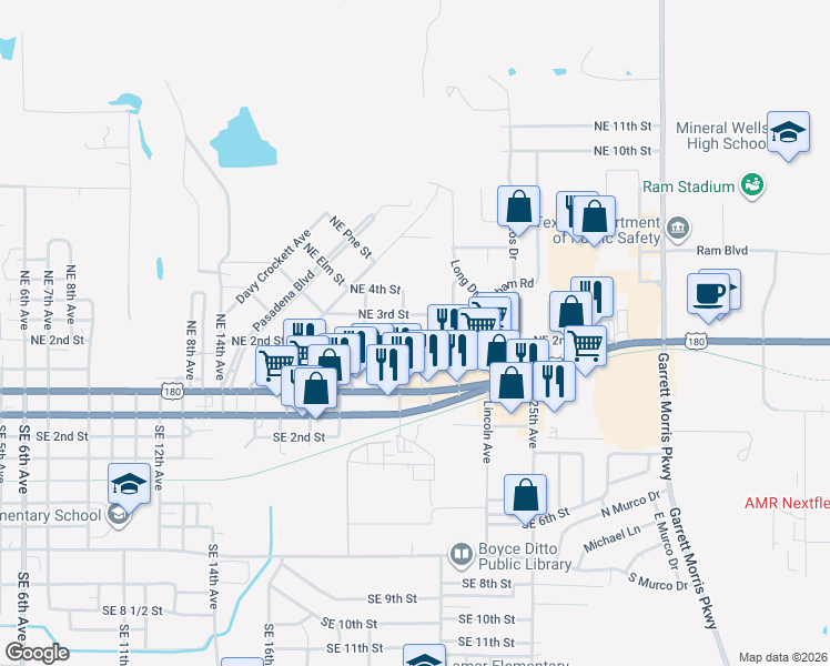 map of restaurants, bars, coffee shops, grocery stores, and more near 2505 Northeast 2nd Street in Mineral Wells