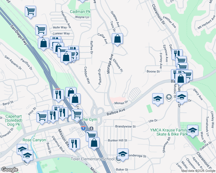 map of restaurants, bars, coffee shops, grocery stores, and more near 3843 Southview Drive in San Diego